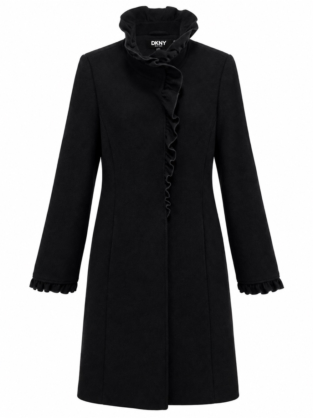 DKNY Black Ruffle-Trim Wool Trench Coat